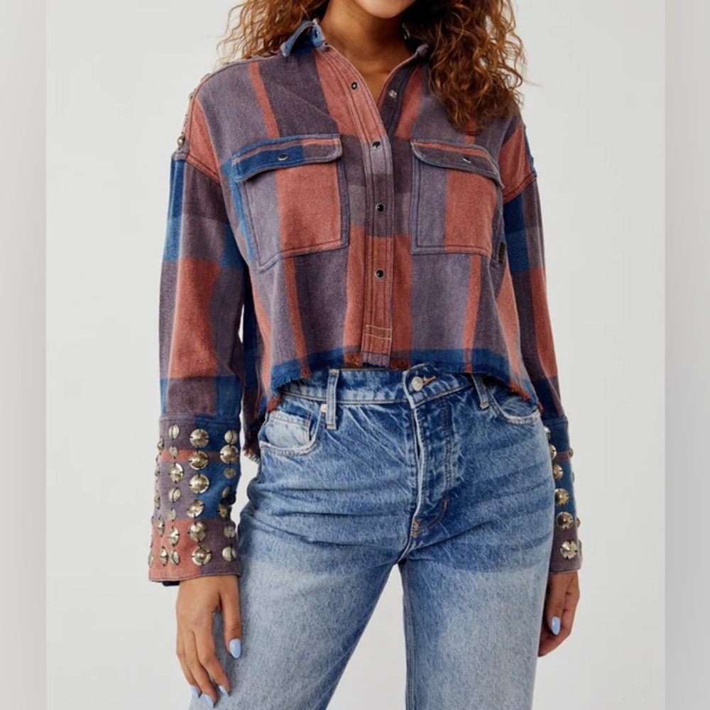 NWOT-Free People-AUSTIN PLAID BUTTON DOWN-orange/blue w/ embellishments-Size XL